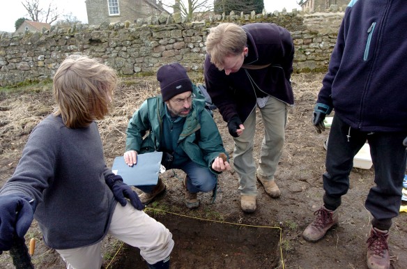 Graham at work - examining finds at an archaeological excavation - Coxwold Creative Minds Project, March 2006. Copyright - NYMNPA.